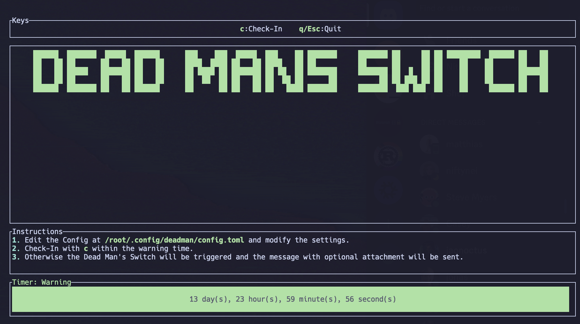 Initial Screen of Dead Man's Switch