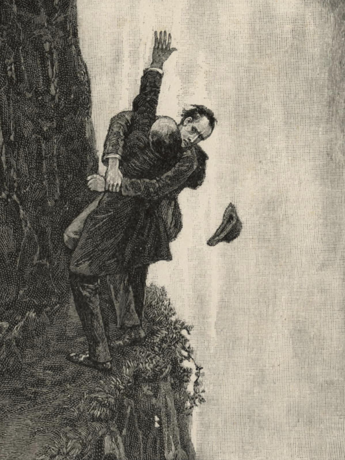 Sherlock Holmes fights Moriarty at the Reichenbach Falls