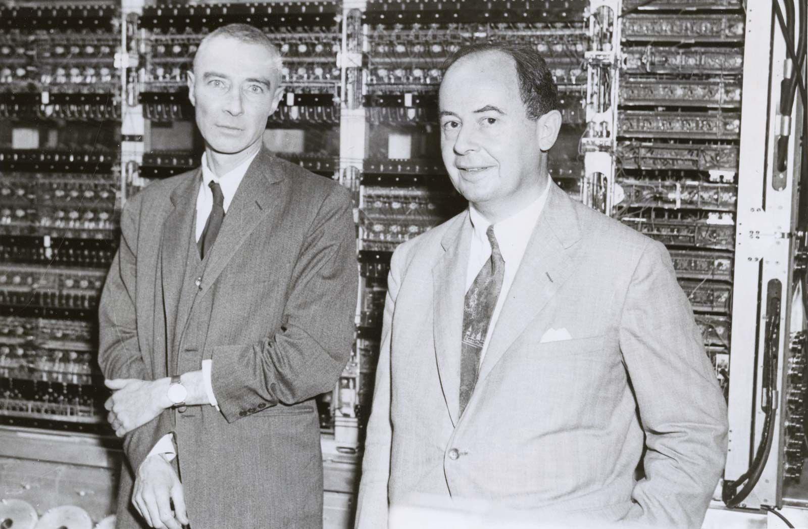 Von Neumann and Oppenheimer together in-front of one of the computing machines used on the hydrogen bomb project. Von Neumann could do calculations in his head faster than these early computers and would sometimes face off against them in competitions meant to entertain the other people in the labs.